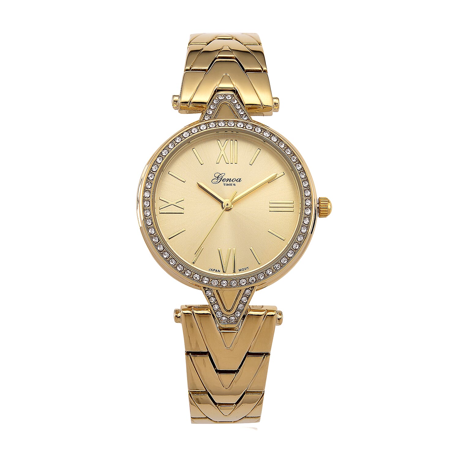 GENOA TIME LIMITED EDITION Japanese Movt. 3ATM Water Resistant Sunray Dial Ladies Watch with Gold Colour Strap & Case with Austrian White Crystal Accents