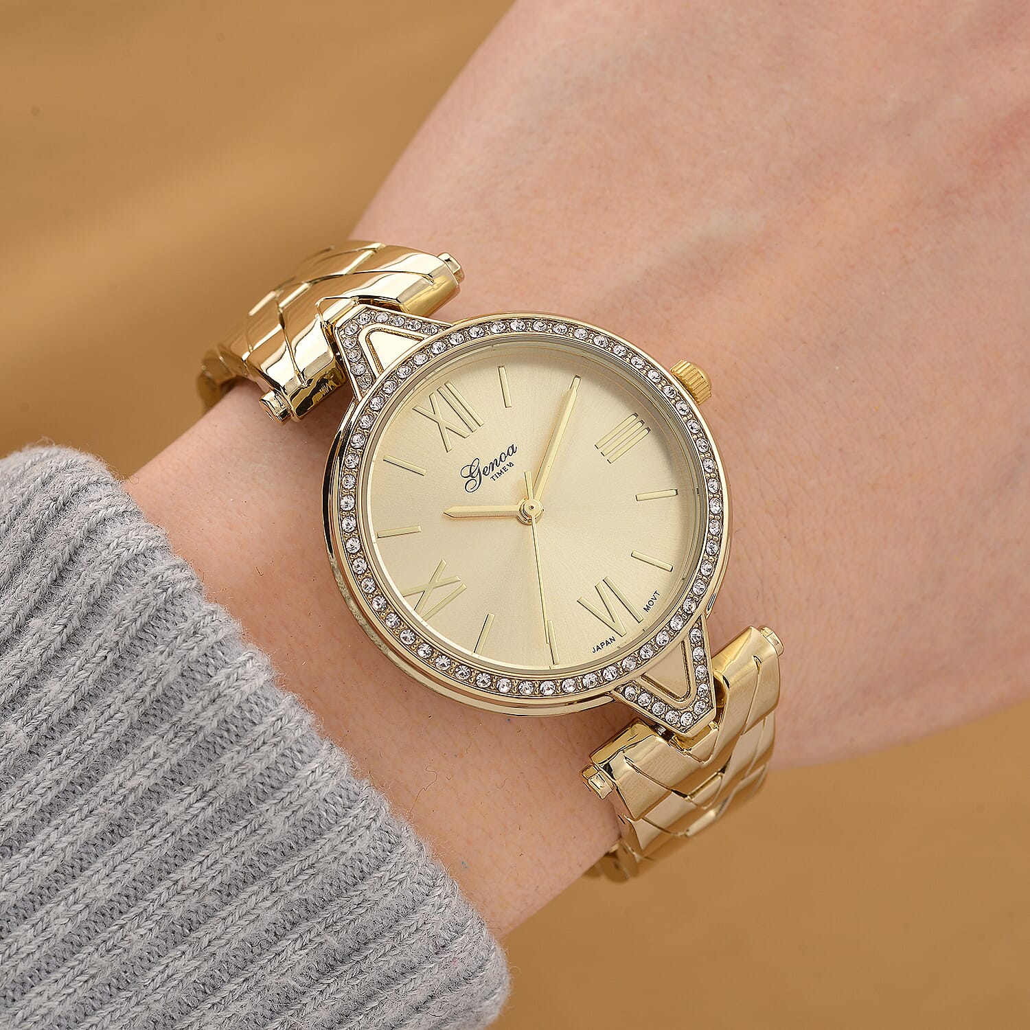 GENOA TIME LIMITED EDITION Japanese Movt. 3ATM Water Resistant Sunray Dial Ladies Watch with Gold Colour Strap & Case with Austrian White Crystal Accents