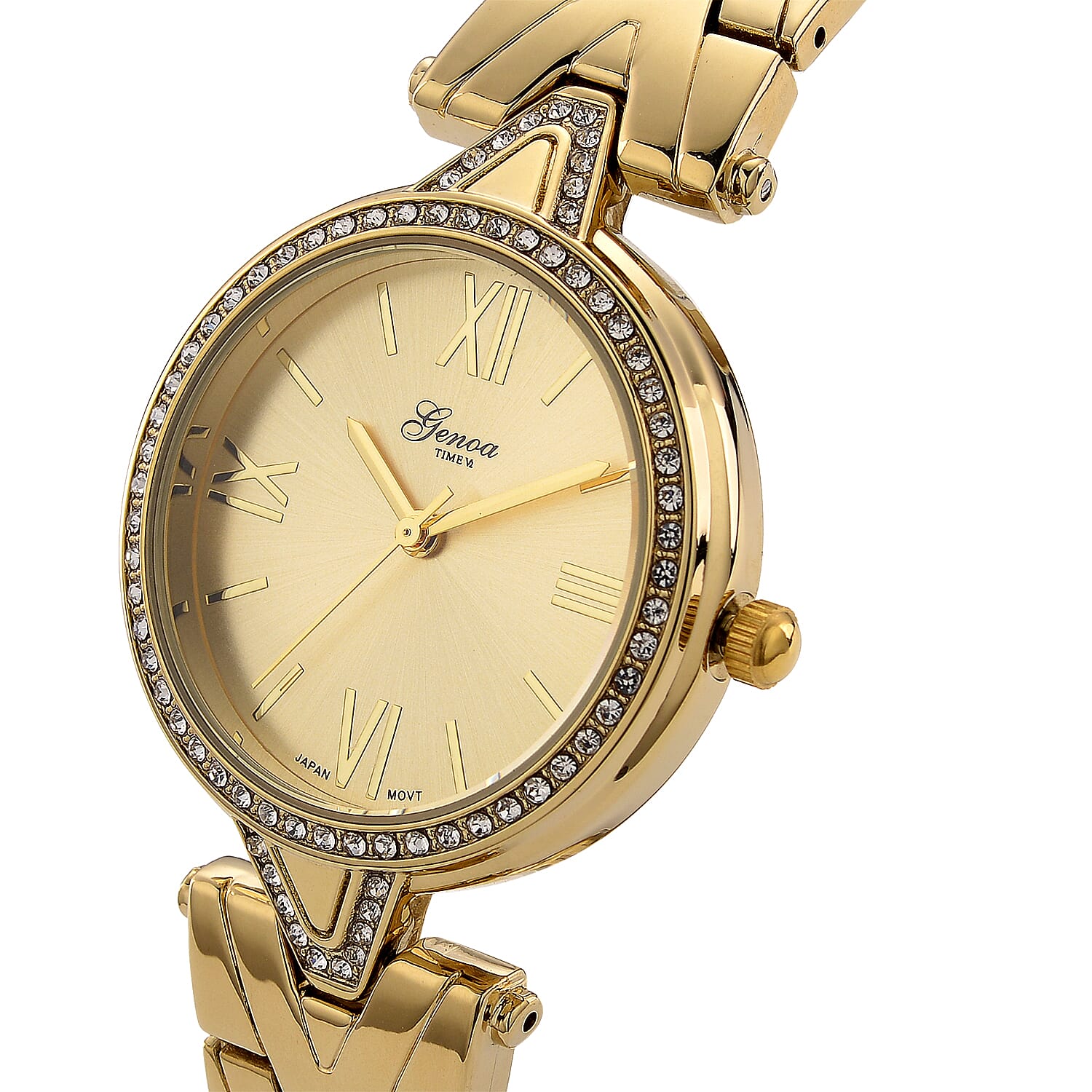 GENOA TIME LIMITED EDITION Japanese Movt. 3ATM Water Resistant Sunray Dial Ladies Watch with Gold Colour Strap & Case with Austrian White Crystal Accents