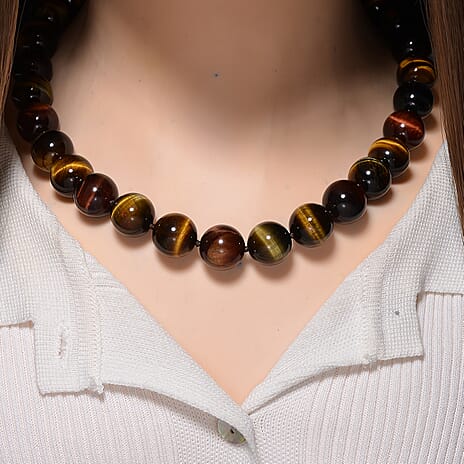 Tucson Find- Multi Color Tiger Eye Necklace Beads 16 MM (Size - 20-2 Ext)  in Rhodium Overlay Sterling Silver 800.00 Ct.