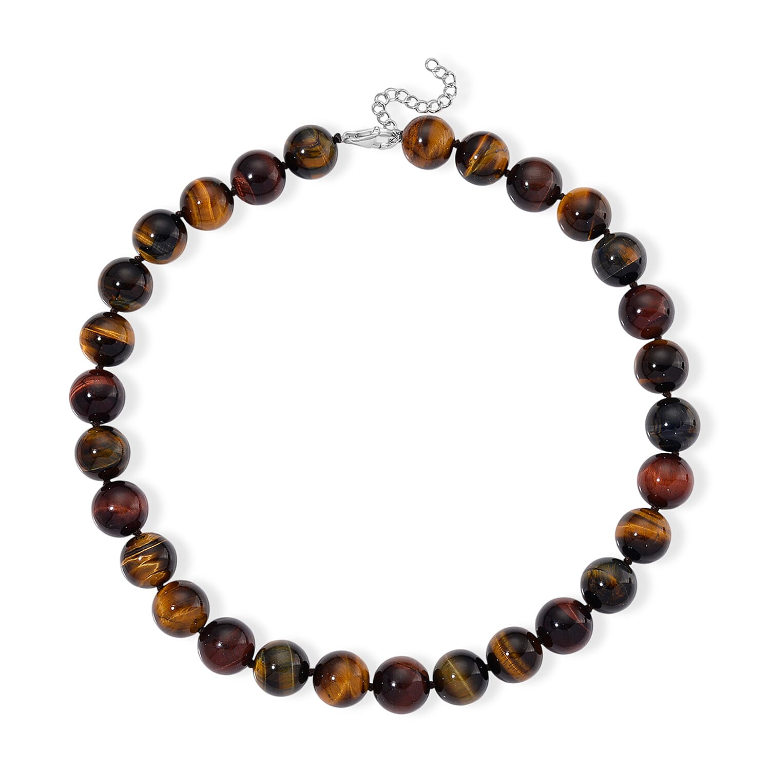 Tucson Find- Multi Color Tiger Eye Necklace Beads 16 MM (Size - 20-2 Ext)  in Rhodium Overlay Sterling Silver 800.00 Ct.