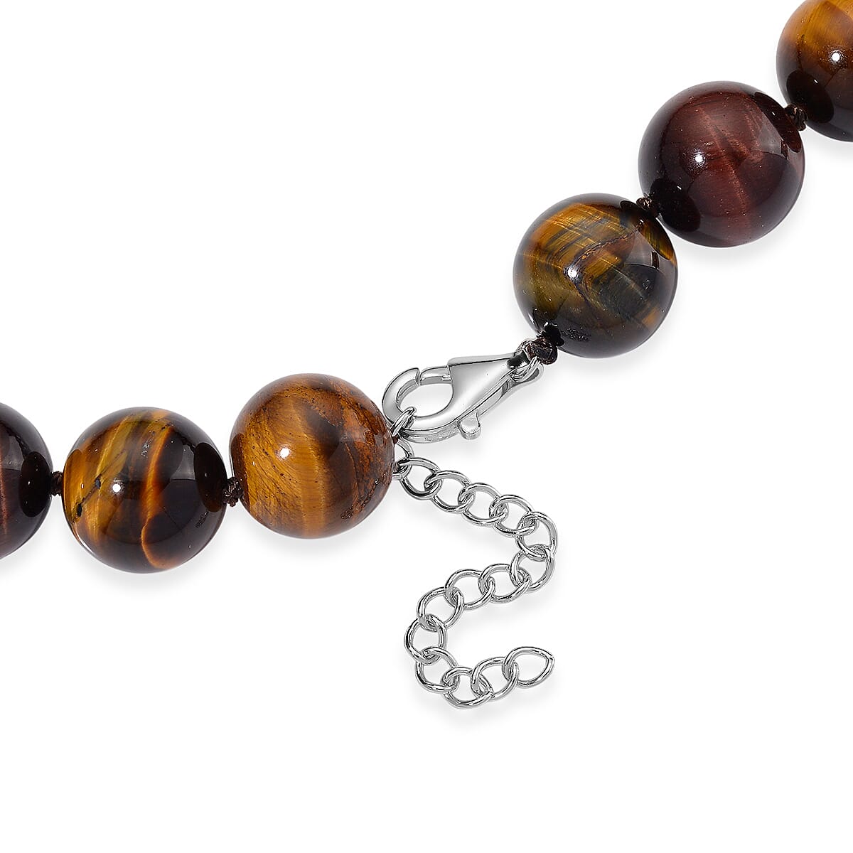 Tucson Find- Multi Color Tiger Eye Necklace Beads 16 MM (Size - 20-2 Ext)  in Rhodium Overlay Sterling Silver 800.00 Ct.