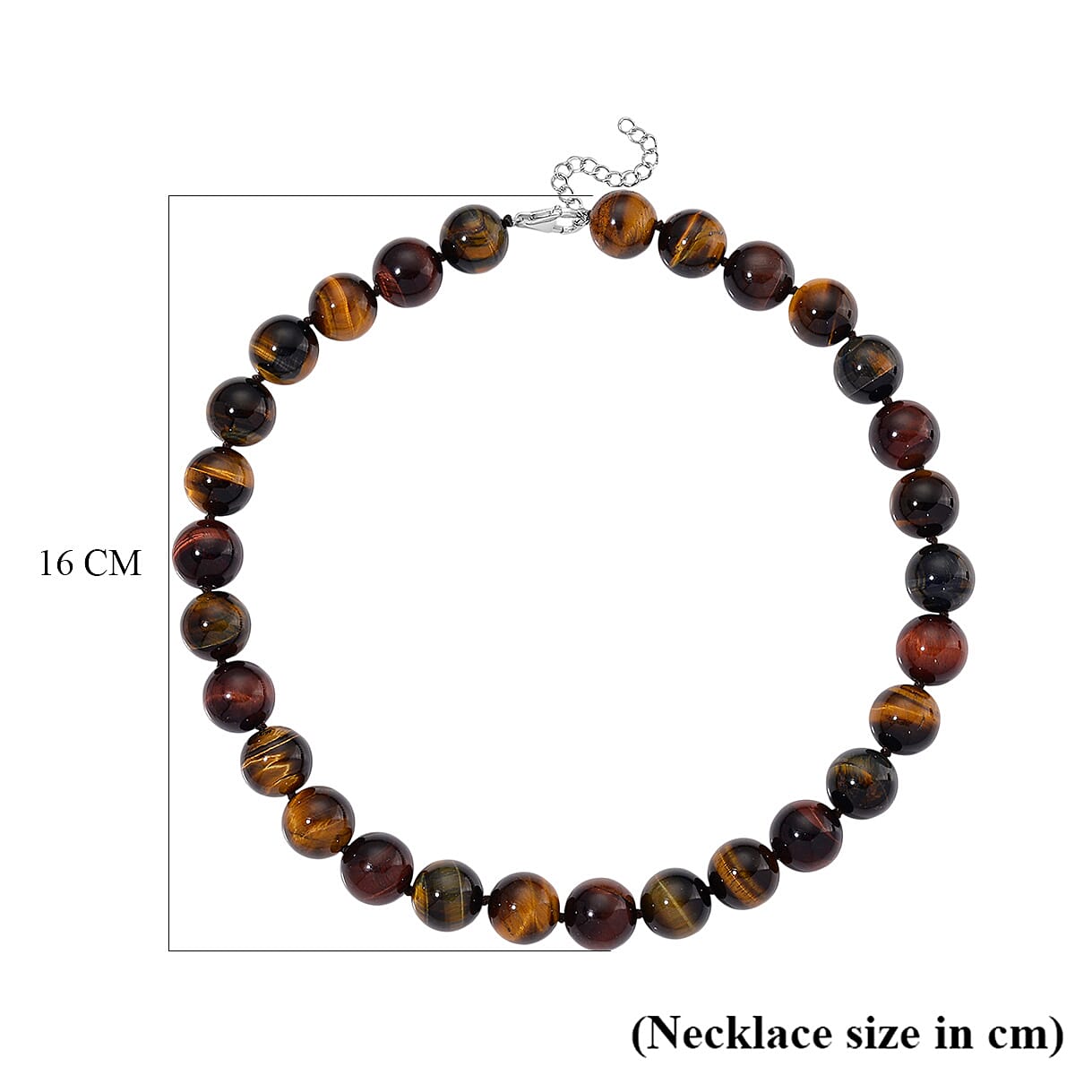 Tucson Find- Multi Color Tiger Eye Necklace Beads 16 MM (Size - 20-2 Ext)  in Rhodium Overlay Sterling Silver 800.00 Ct.