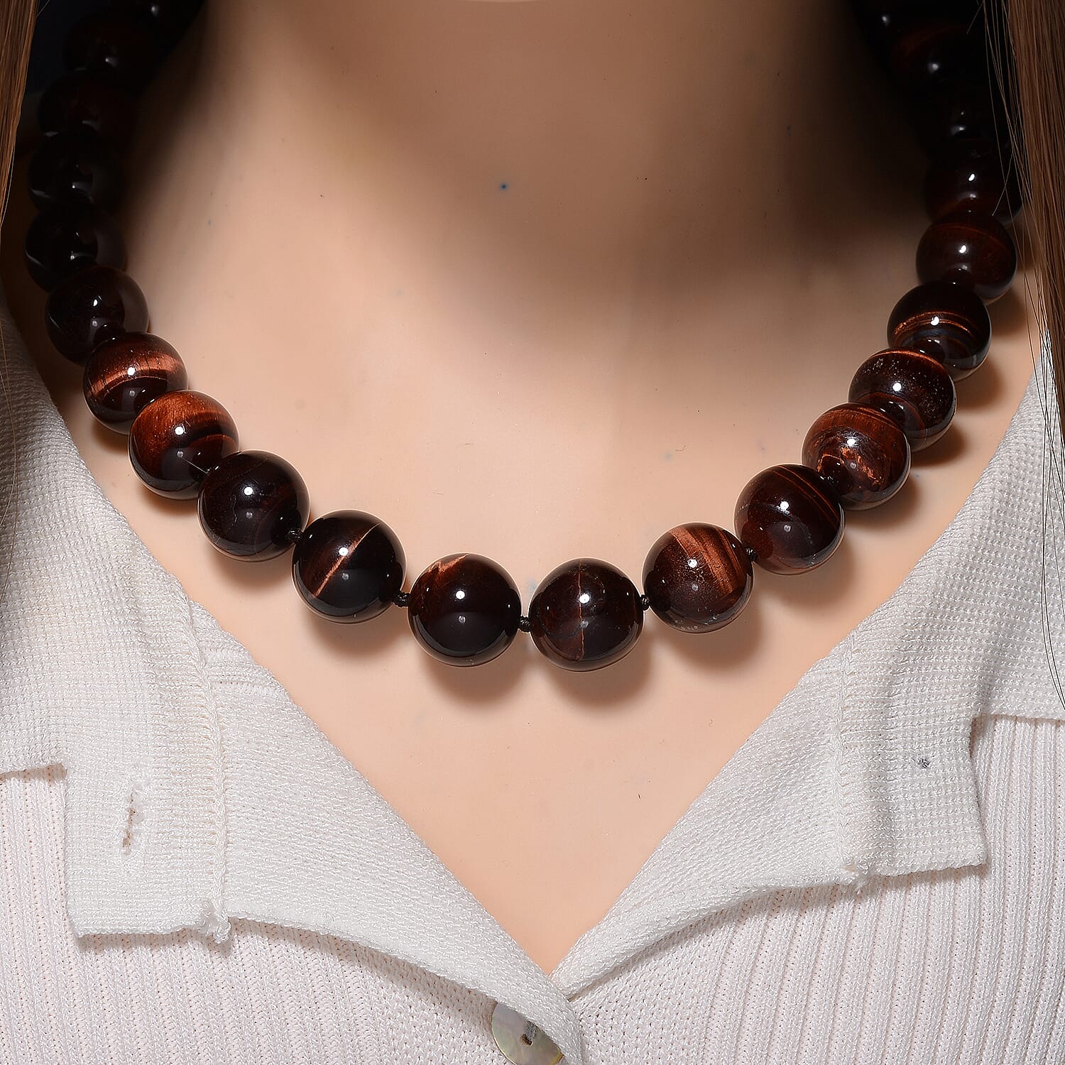 Tucson find- Red Tiger Eye Necklace Beads16 MM  (Size - 20-2 Ext) in Rhodium Overlay Sterling Silver 800.00 Ct.