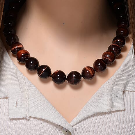 Tucson find- Red Tiger Eye Necklace Beads16 MM  (Size - 20-2 Ext) in Rhodium Overlay Sterling Silver 800.00 Ct.