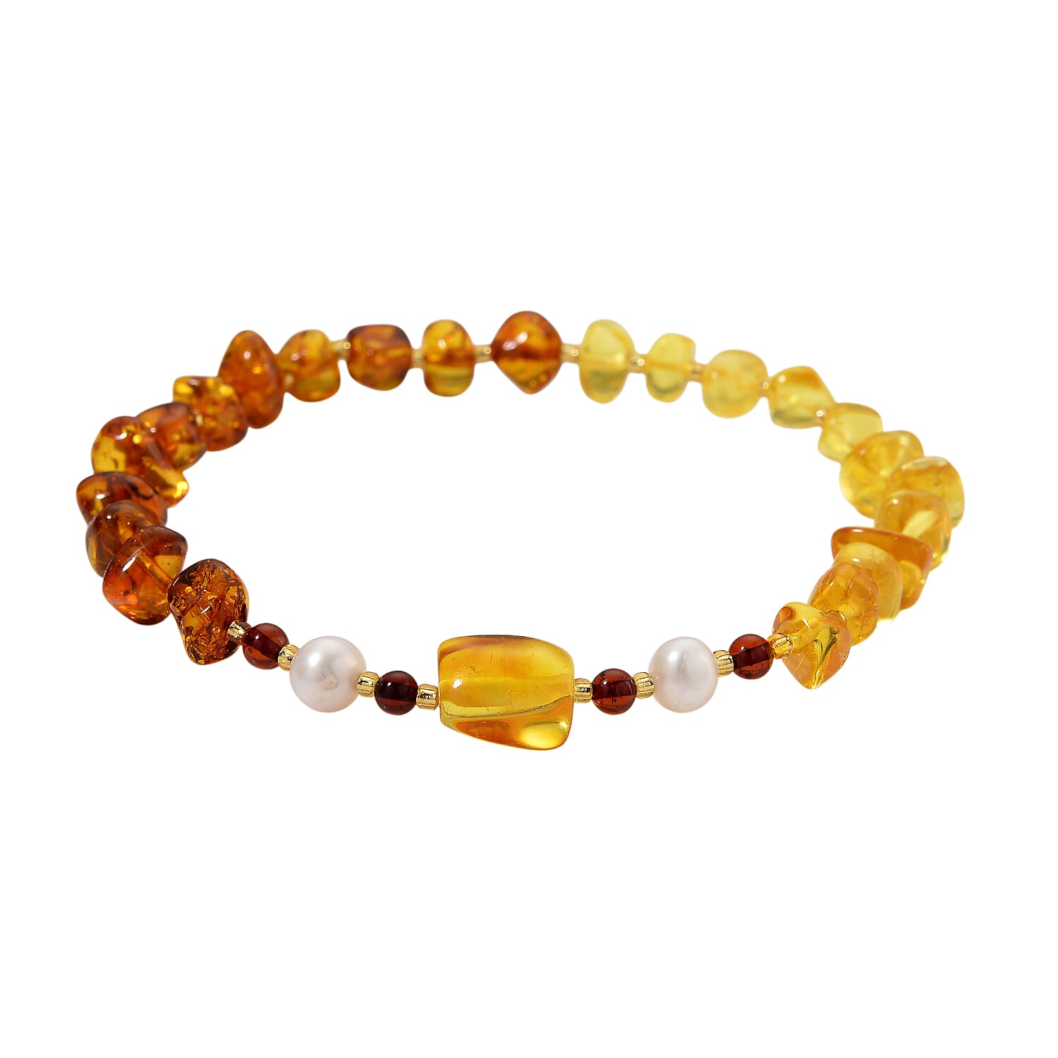 Tucson Find - Multi Color Amber & White Fresh Water Pearl Stone Stretchable Bracelet (Size - 7 - 7.5) 25.00 Ct.