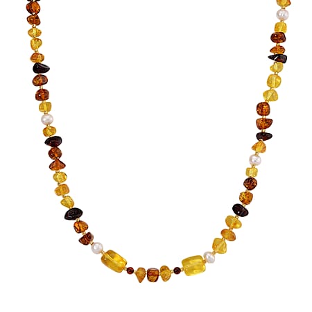 Multi Colour Amber, White Fresh Water Pearl Necklace (Size 20+2 Ext) with Lobster Clasp in Rhodium Overlay Sterling Silver 60.00 Ct.