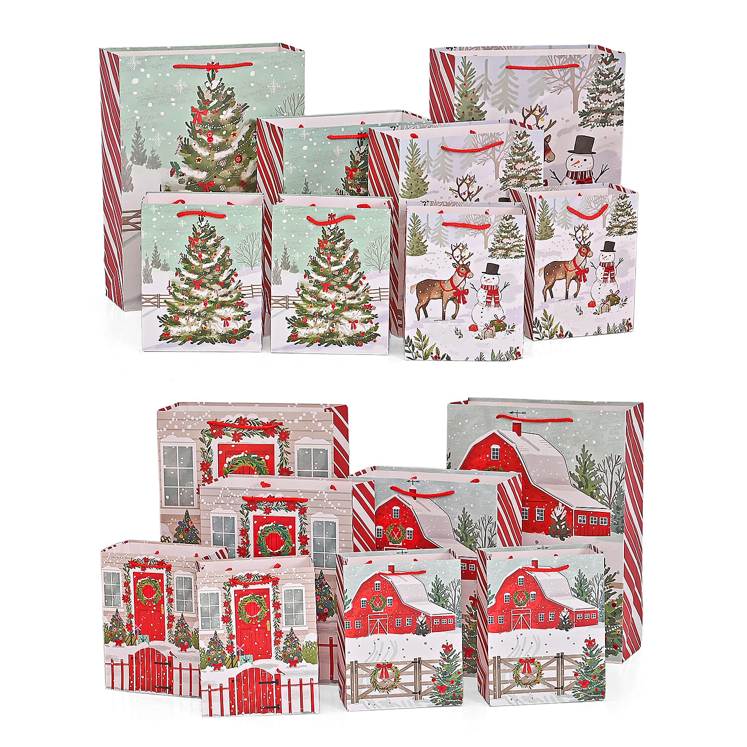 Christmas Gift Bags - Set of 16 with Classic Snowman Patterns