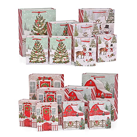 Christmas Gift Bags - Set of 16 with Classic Snowman Patterns