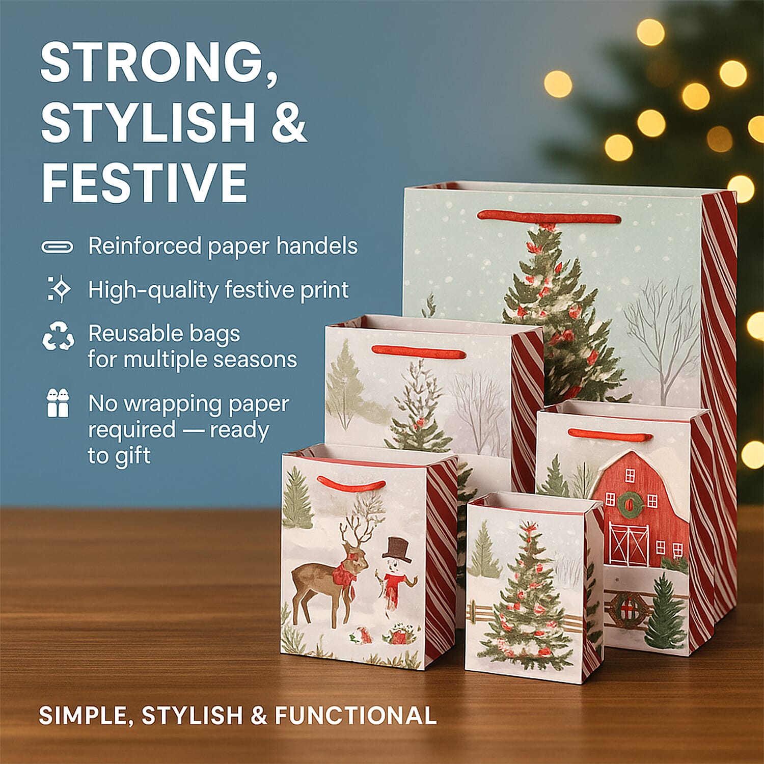 Christmas Gift Bags - Set of 16 with Classic Snowman Patterns