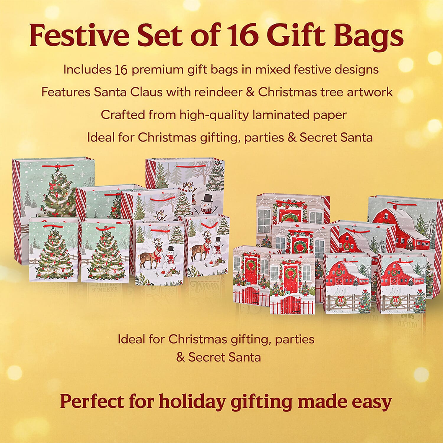 Christmas Gift Bags - Set of 16 with Classic Snowman Patterns