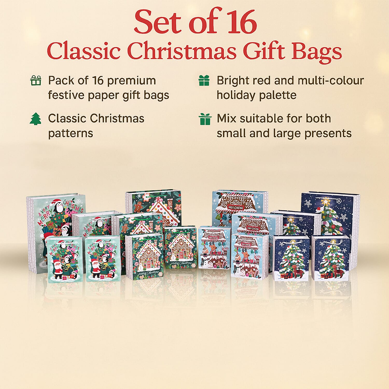 Christmas Gift Bags - Set of 16 with Classic Christmas Patterns