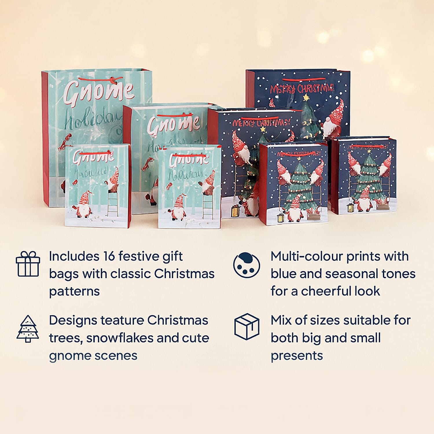 Christmas Gift Bags - Set of 16 with Classic Christmas Patterns