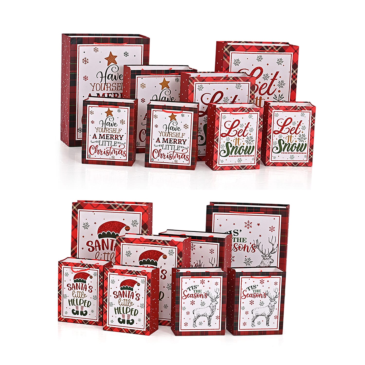 Christmas Gift Bags - Set of 16 with Classic Christmas Patterns