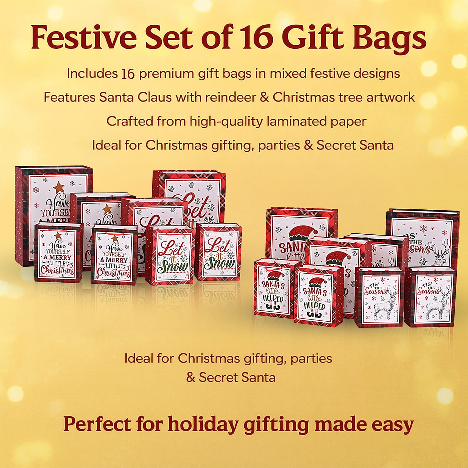 Christmas Gift Bags - Set of 16 with Classic Christmas Patterns