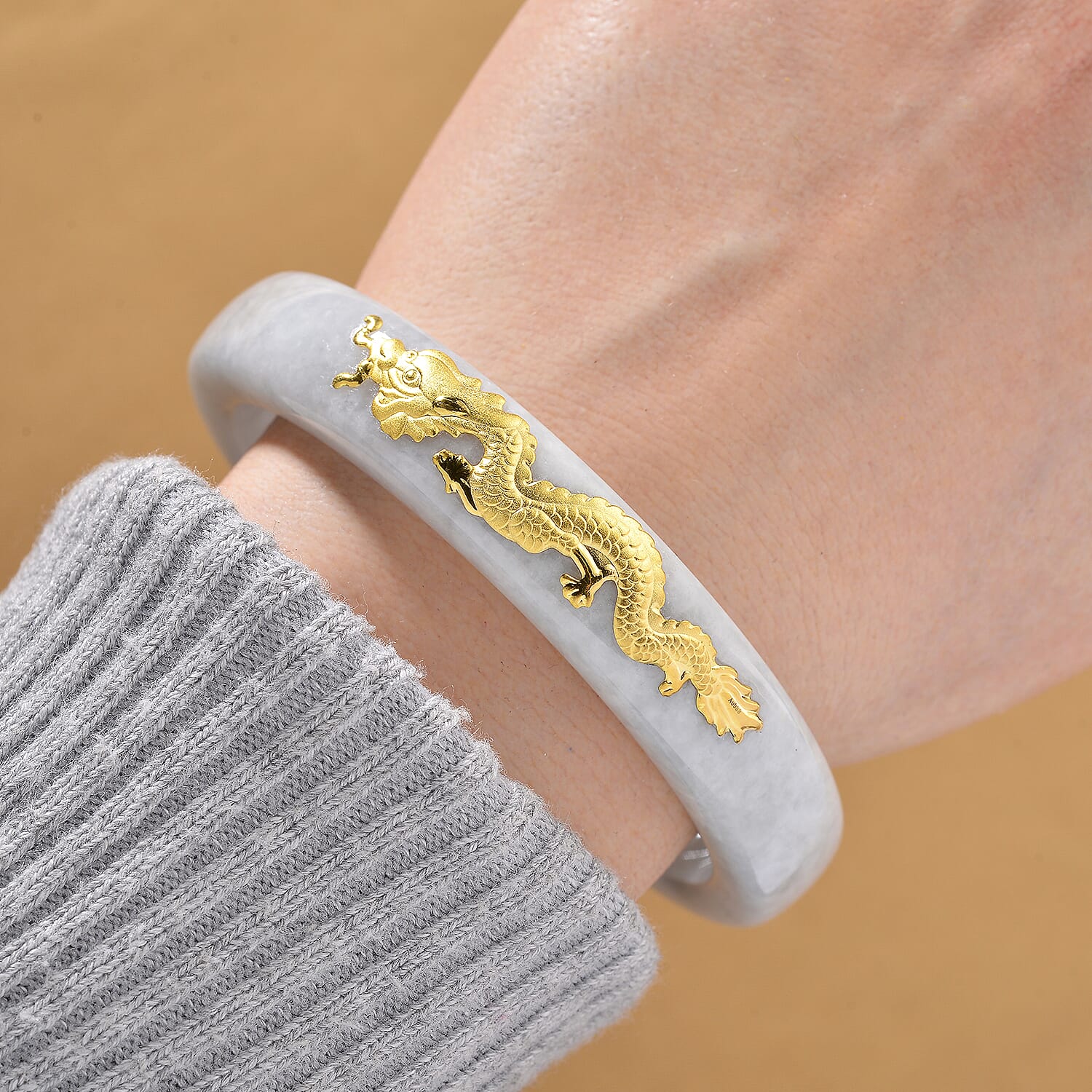 Golden Spirit of Jade - 24K Yellow Gold Natural Type A Jadeite Jade Dragon Bangle (Size - 7.5) 298.00 Ct.