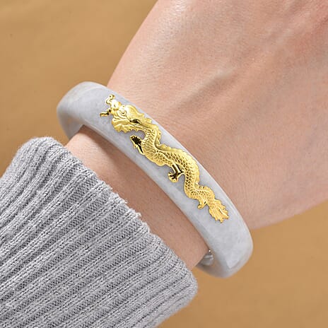 Golden Spirit of Jade - 24K Yellow Gold Natural Type A Jadeite Jade Dragon Bangle (Size - 7.5) 290.00 Ct.