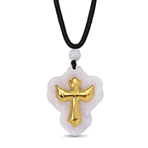 Natural Type A Burmese White Jadeite Jade with 24K Yellow Gold Cross Pendant with Cotton Thread (Size - 28 Adjustable) 70.00 Ct.