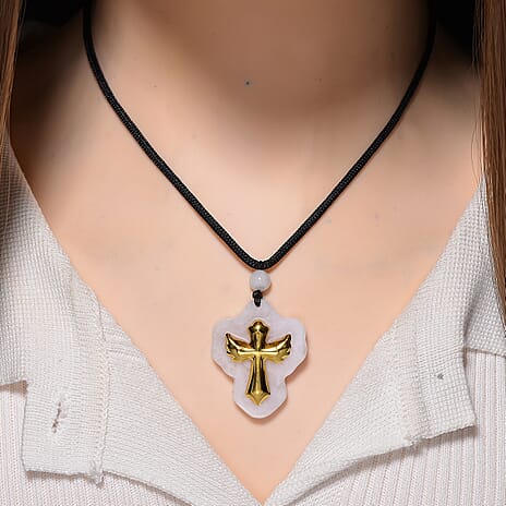 Natural Type A White Jade with 24K Yellow Gold Cross Pendant with Cotton Thread (Size - 28 Adjustable) 70.00 Ct.