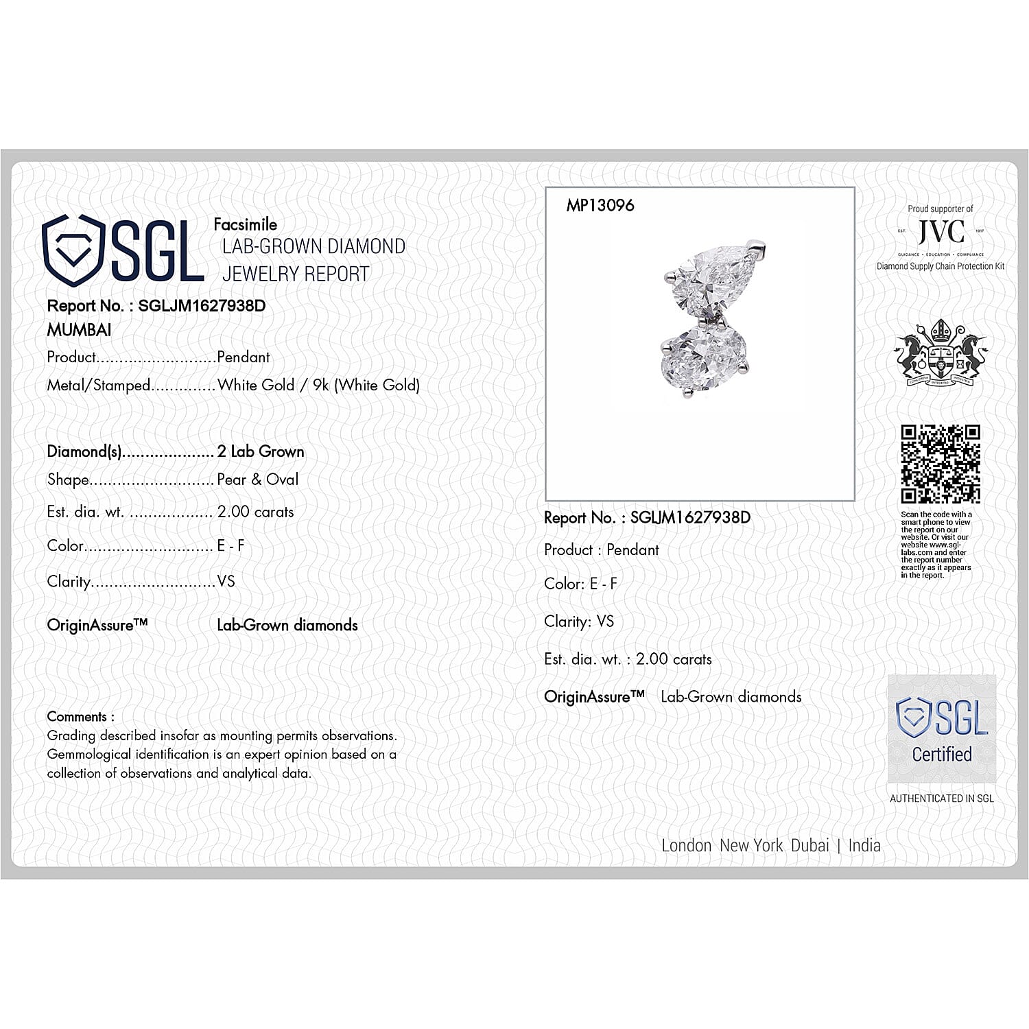 Luxuriant - 9K White Gold SGL Certified (VS-EF) Lab Grown Diamond Oval & Pear Pendant 2.04 Ct.