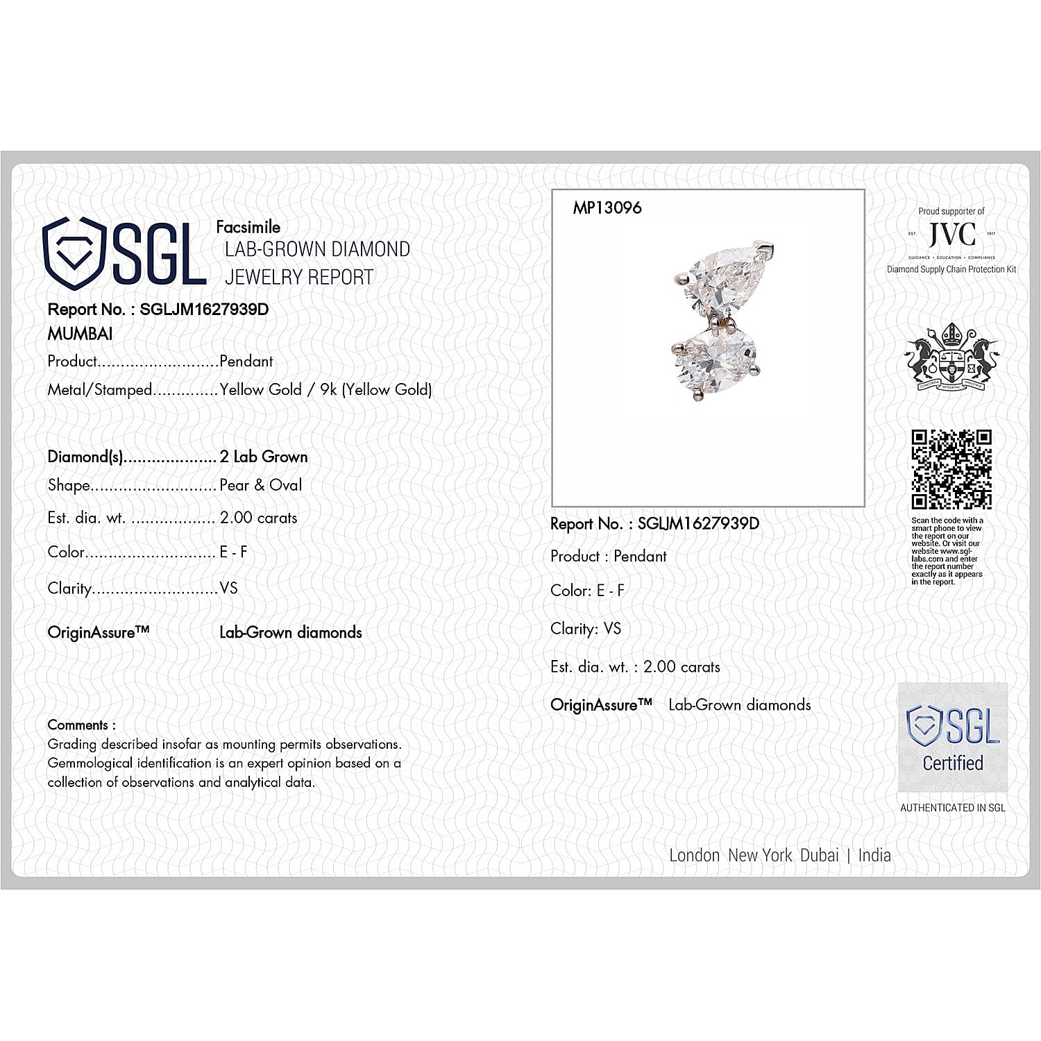 Luxuriant - 9K Yellow Gold SGL Certified (VS-EF) Lab Grown Diamond Oval & Pear Pendant 2.04 Ct.