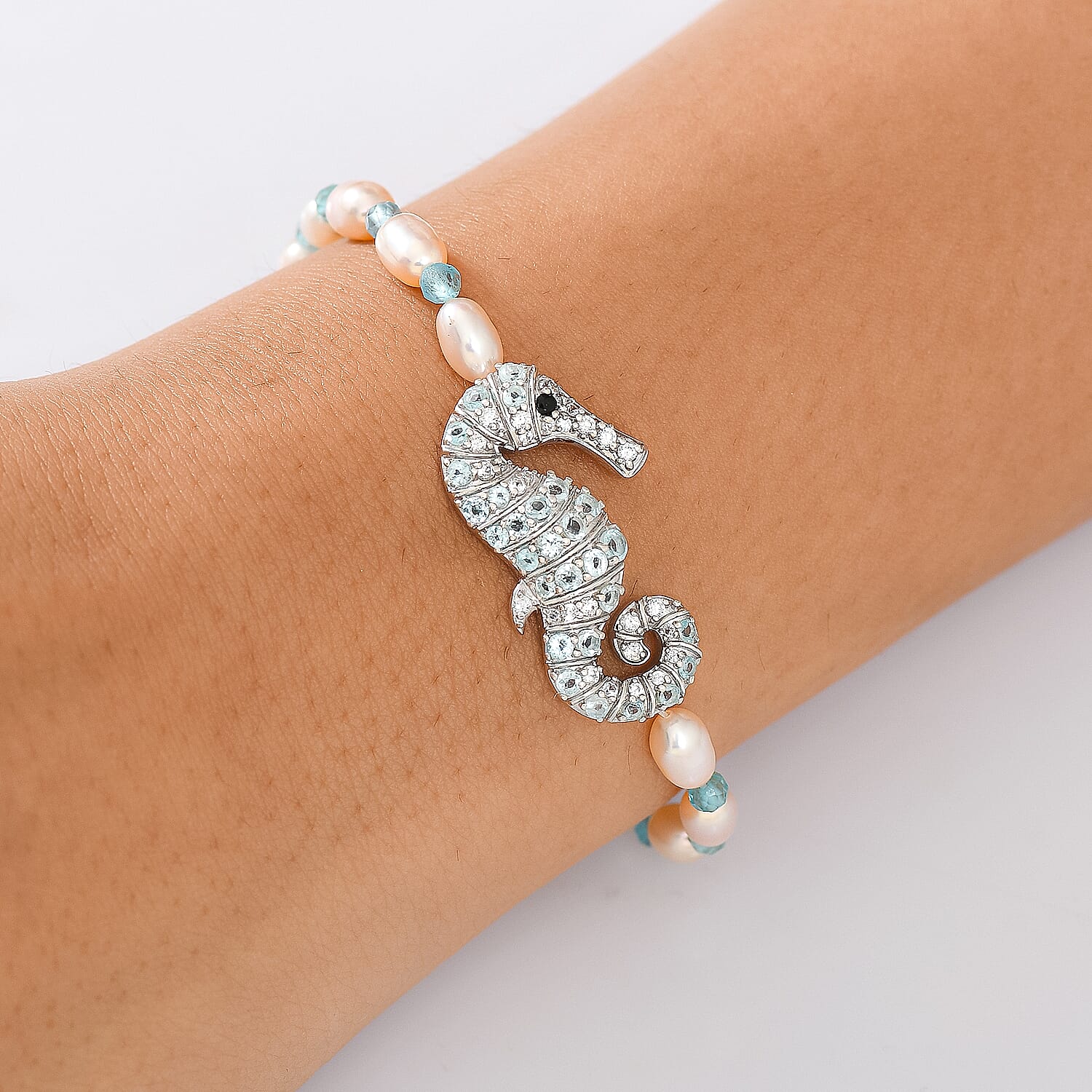 GP Sea Life Collection - White Zircon & Multi Gemstones Beads Bracelet (Size - 7.5) in Rhodium Overlay Sterling Silver 20.02 Ct.
