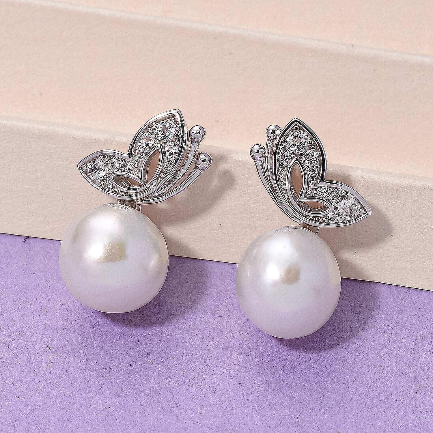 GP Italian Garden Collection - White Edison Pearl, White Topaz &  Kanchanaburi Blue Sapphire Stud Earring in Rhodium Overlay Sterling Silver 1.73 Ct.