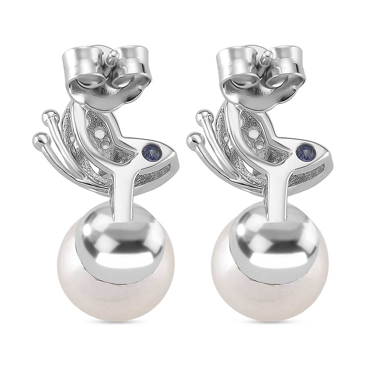 GP Italian Garden Collection - White Edison Pearl, White Topaz &  Kanchanaburi Blue Sapphire Stud Earring in Rhodium Overlay Sterling Silver 1.73 Ct.