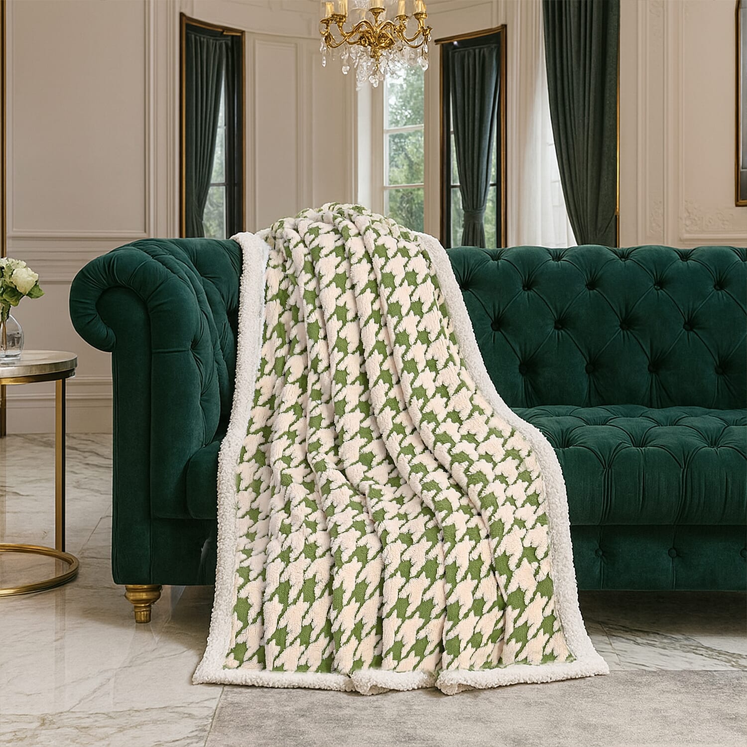 Pre Season Special Offer - Livmore Double Layer Sherpa Blanket - Green & Cream (200x150cm)