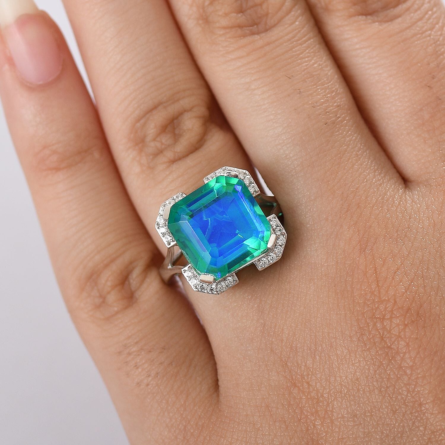 D'joy Peacock Triplet Quartz & White Zircon Ring in Rhodium Overlay Sterling Silver 8.73 Ct.