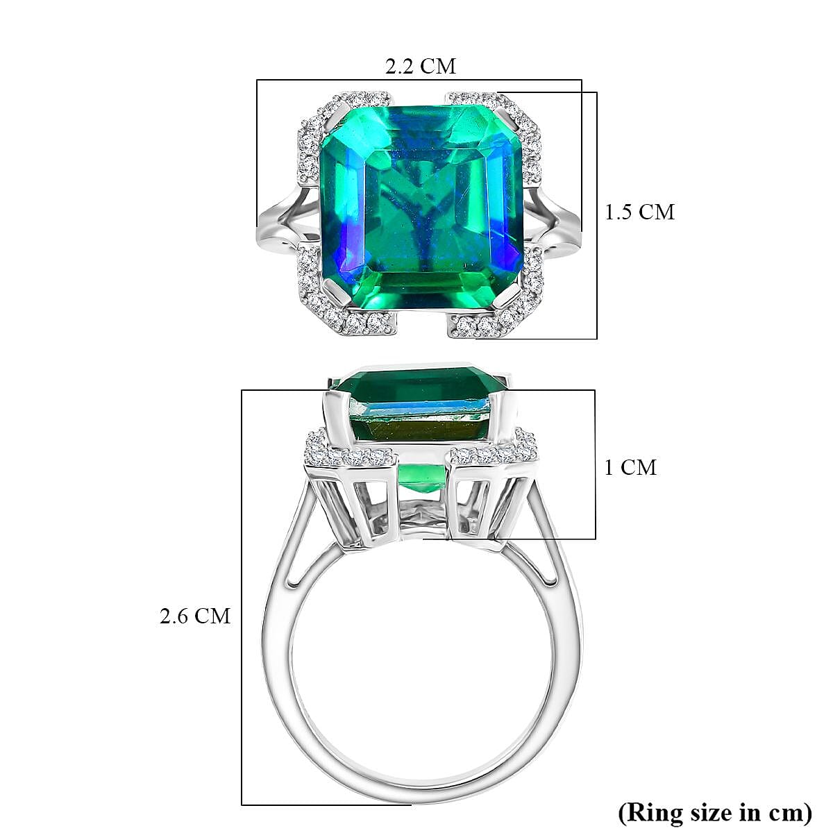 D'joy Peacock Triplet Quartz & White Zircon Ring in Rhodium Overlay Sterling Silver 8.73 Ct.