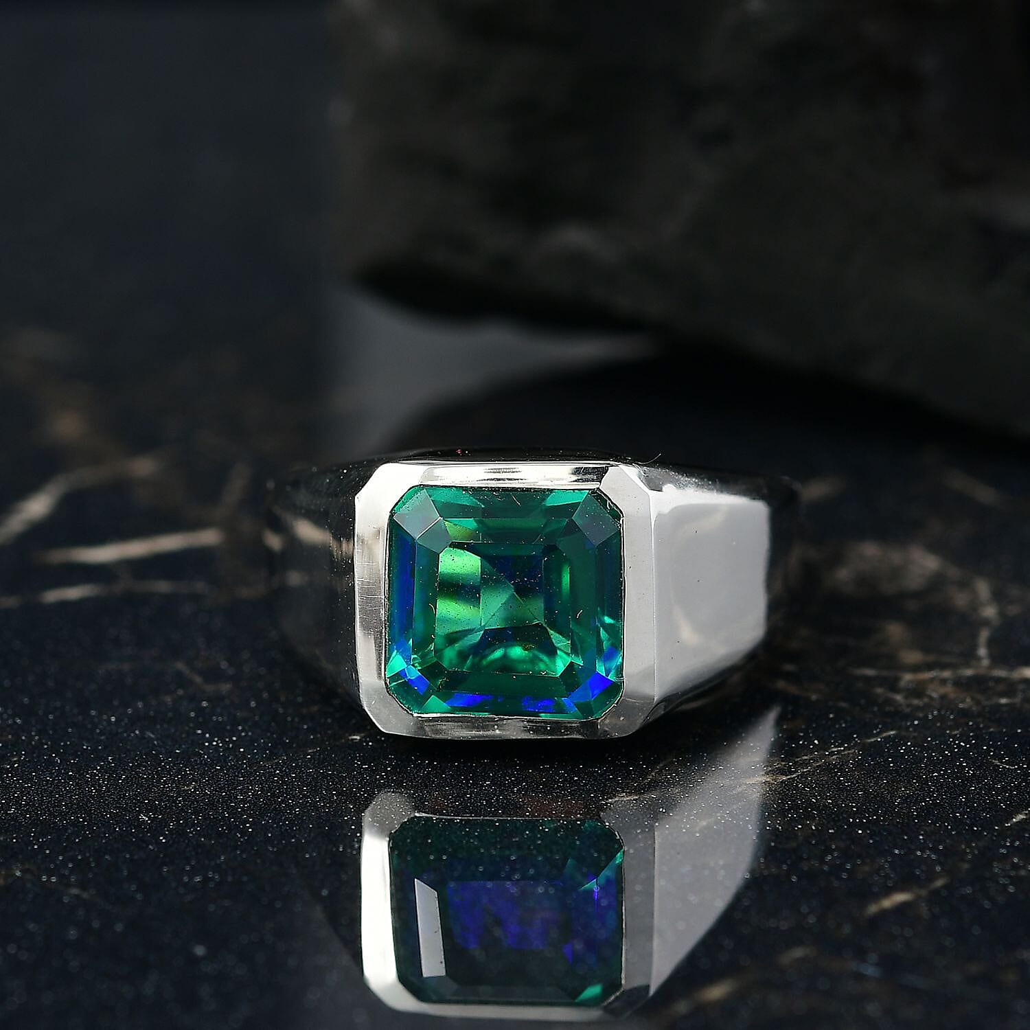 D'joy Peacock Triplet Quartz Mens Ring in Rhodium Overlay Sterling Silver 5.43 Ct, Silver Wt. 7.08 Gms.