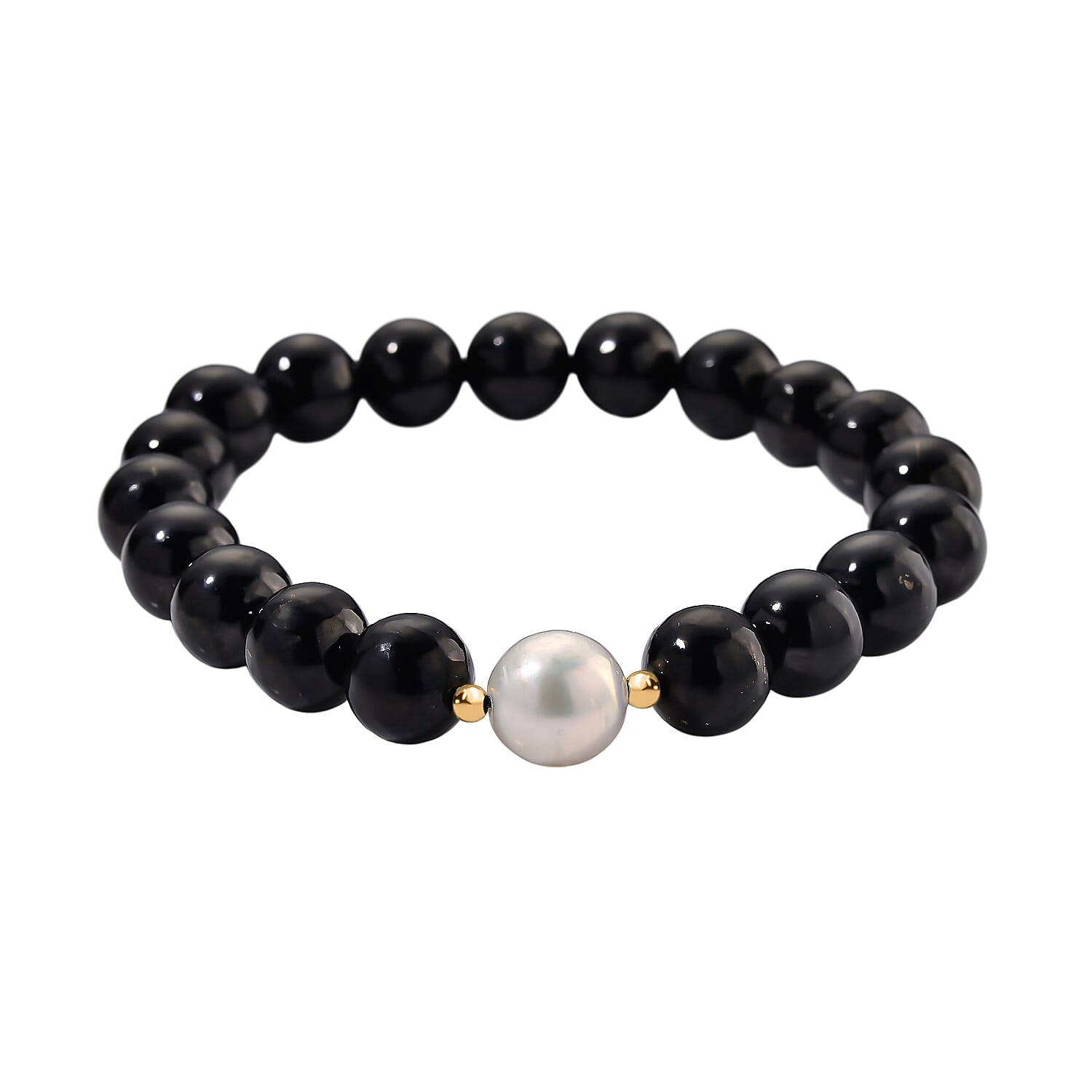 Boutique Collection - White Edison Pearl (11MM) & Natural Shungite Stretchable Bracelet In Gold Overlay Sterling Silver 130.00 Ct.