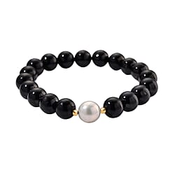 Boutique Collection - White Edison Pearl (11-12MM), Natural Shungite (Size - 7.5 Adjustable) Bracelet in Gold Overlay Sterling Silver 130 Ct.