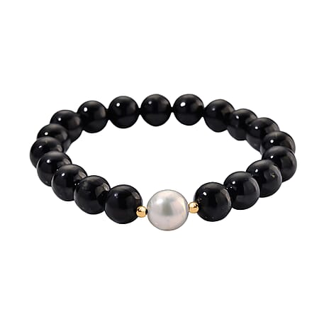 Boutique Collection - White Edison Pearl (11MM) & Natural Shungite Stretchable Bracelet In Gold Overlay Sterling Silver 130.00 Ct.
