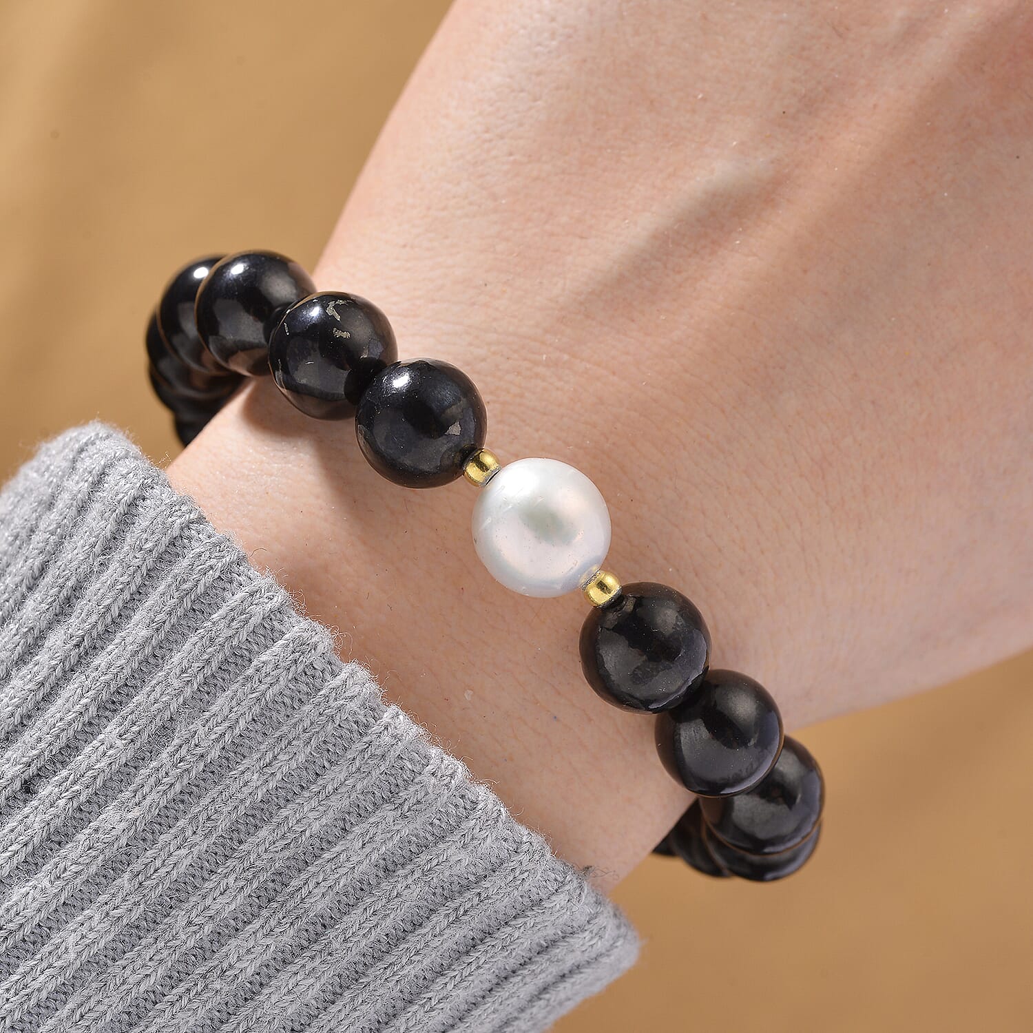 Boutique Collection - White Edison Pearl (11MM) & Natural Shungite Stretchable Bracelet In Gold Overlay Sterling Silver 130.00 Ct.