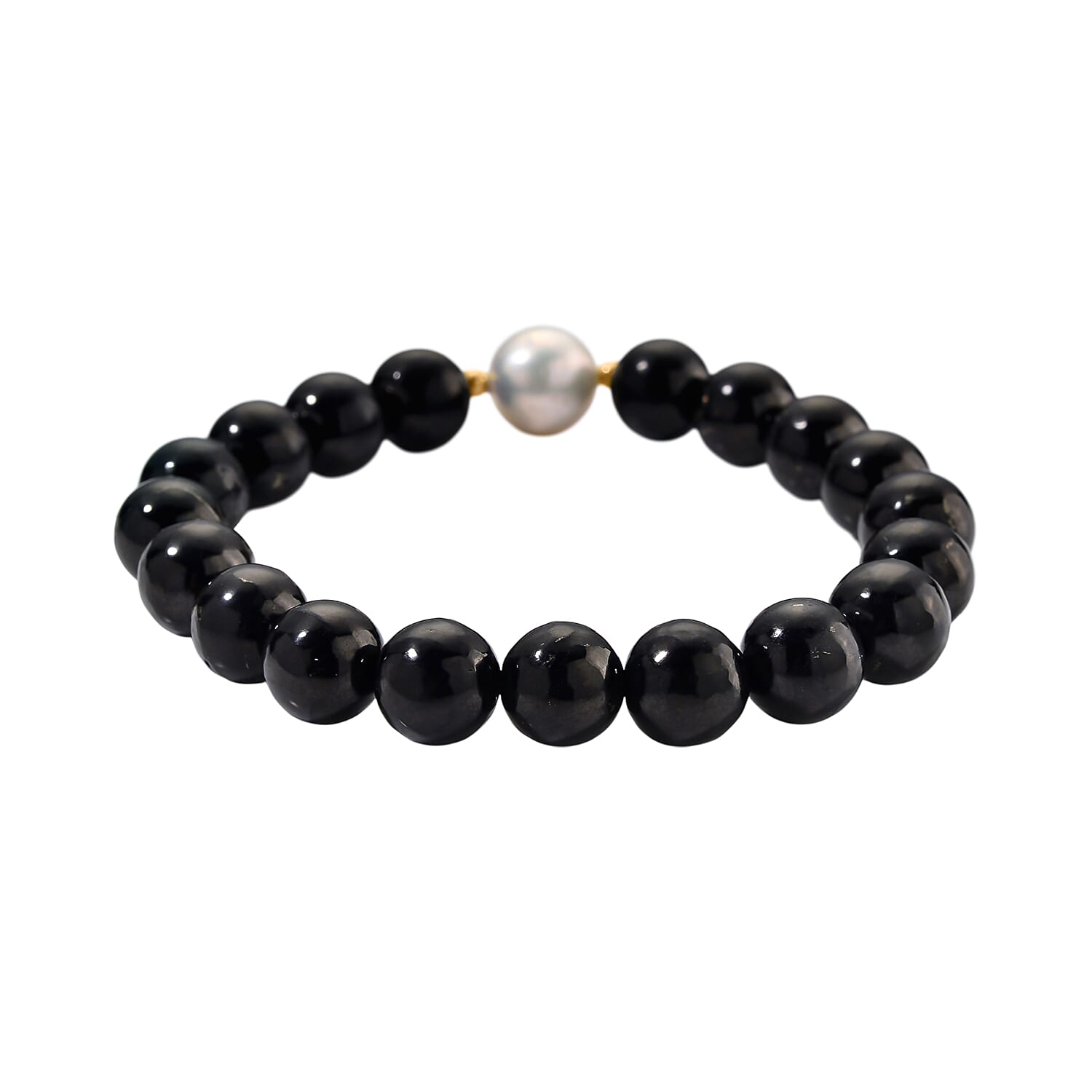 Boutique Collection - White Edison Pearl (11MM) & Natural Shungite Stretchable Bracelet In Gold Overlay Sterling Silver 130.00 Ct.