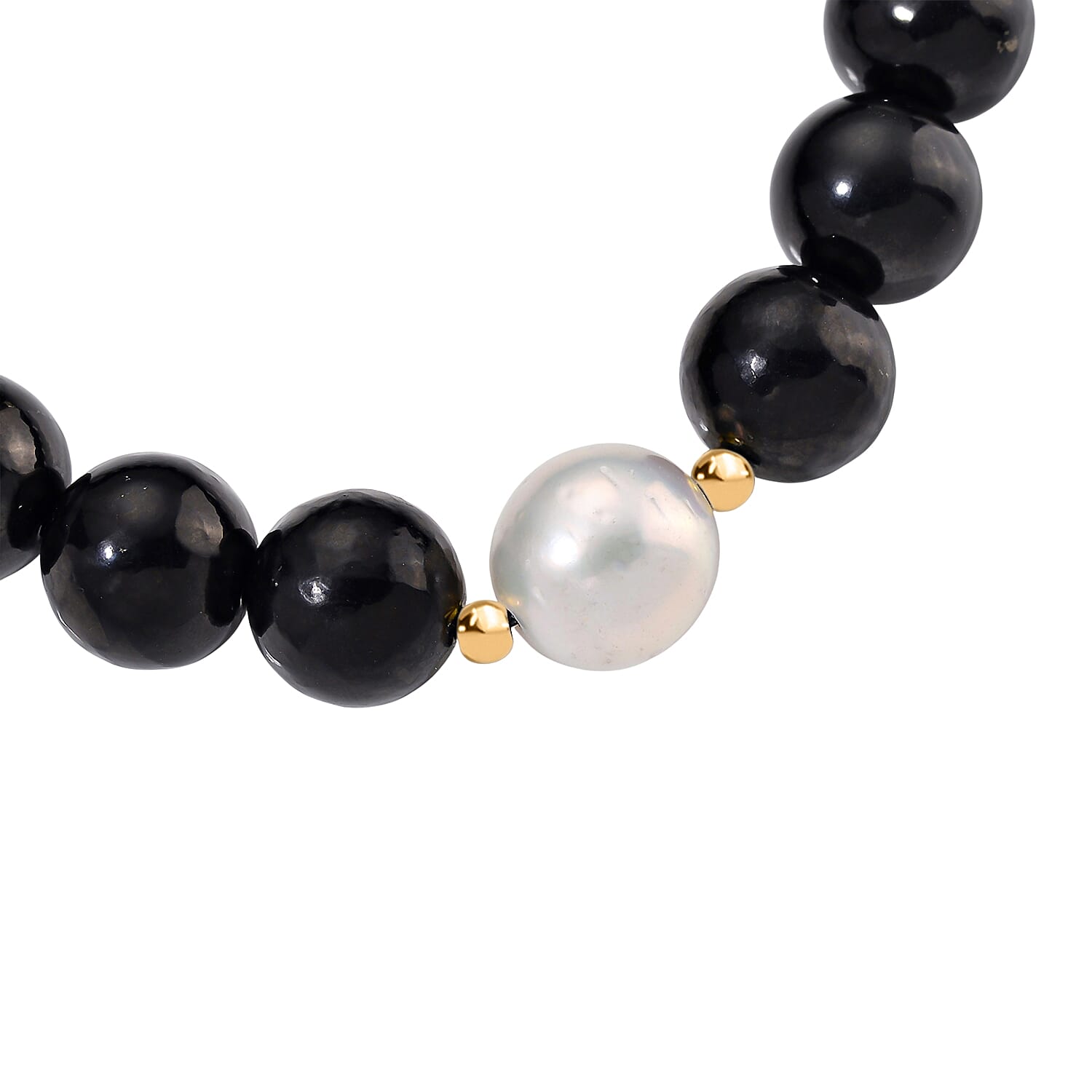 Boutique Collection - White Edison Pearl (11MM) & Natural Shungite Stretchable Bracelet In Gold Overlay Sterling Silver 130.00 Ct.