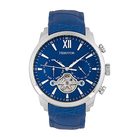 HERITOR ARTHUR Automatic Movt. 5ATM WR Blue Dial - Silver Case Mens Watch with Blue Leather Strap