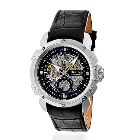 Mens Conrad Heritor Automatic  Watch with a Black Dial and a Black coloured Leather band, featuring a  Silver coloured Stainless Steel case with 5 ATM water resistance