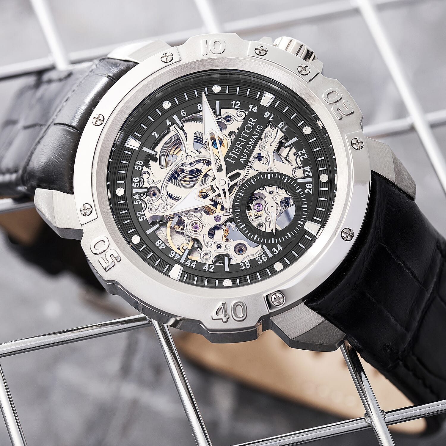 Mens Conrad Heritor Automatic  Watch with a Black Dial and a Black coloured Leather band, featuring a  Silver coloured Stainless Steel case with 5 ATM water resistance