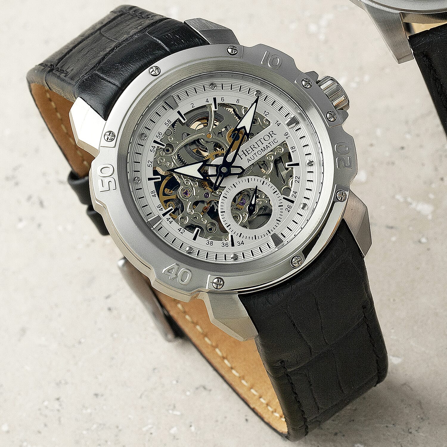 Mens Conrad Heritor Automatic  Watch with a Black Dial and a Black coloured Leather band, featuring a  Silver coloured Stainless Steel case with 5 ATM water resistance