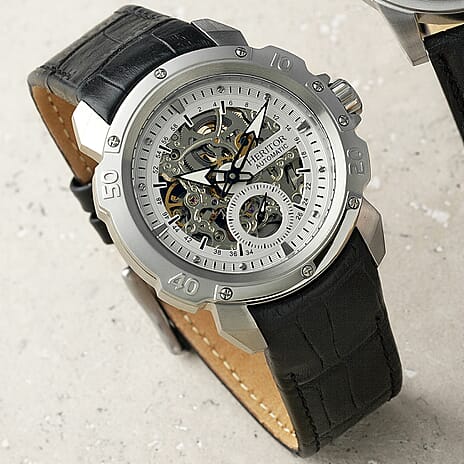 Mens Conrad Heritor Automatic  Watch with a Black Dial and a Black coloured Leather band, featuring a  Silver coloured Stainless Steel case with 5 ATM water resistance