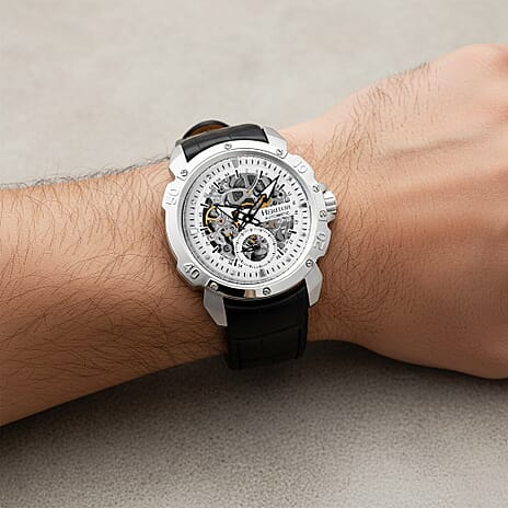 Mens Conrad Heritor Automatic  Watch with a Black Dial and a Black coloured Leather band, featuring a  Silver coloured Stainless Steel case with 5 ATM water resistance