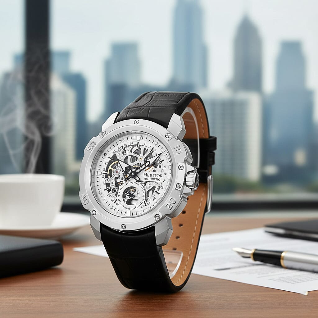 Mens Conrad Heritor Automatic  Watch with a Black Dial and a Black coloured Leather band, featuring a  Silver coloured Stainless Steel case with 5 ATM water resistance