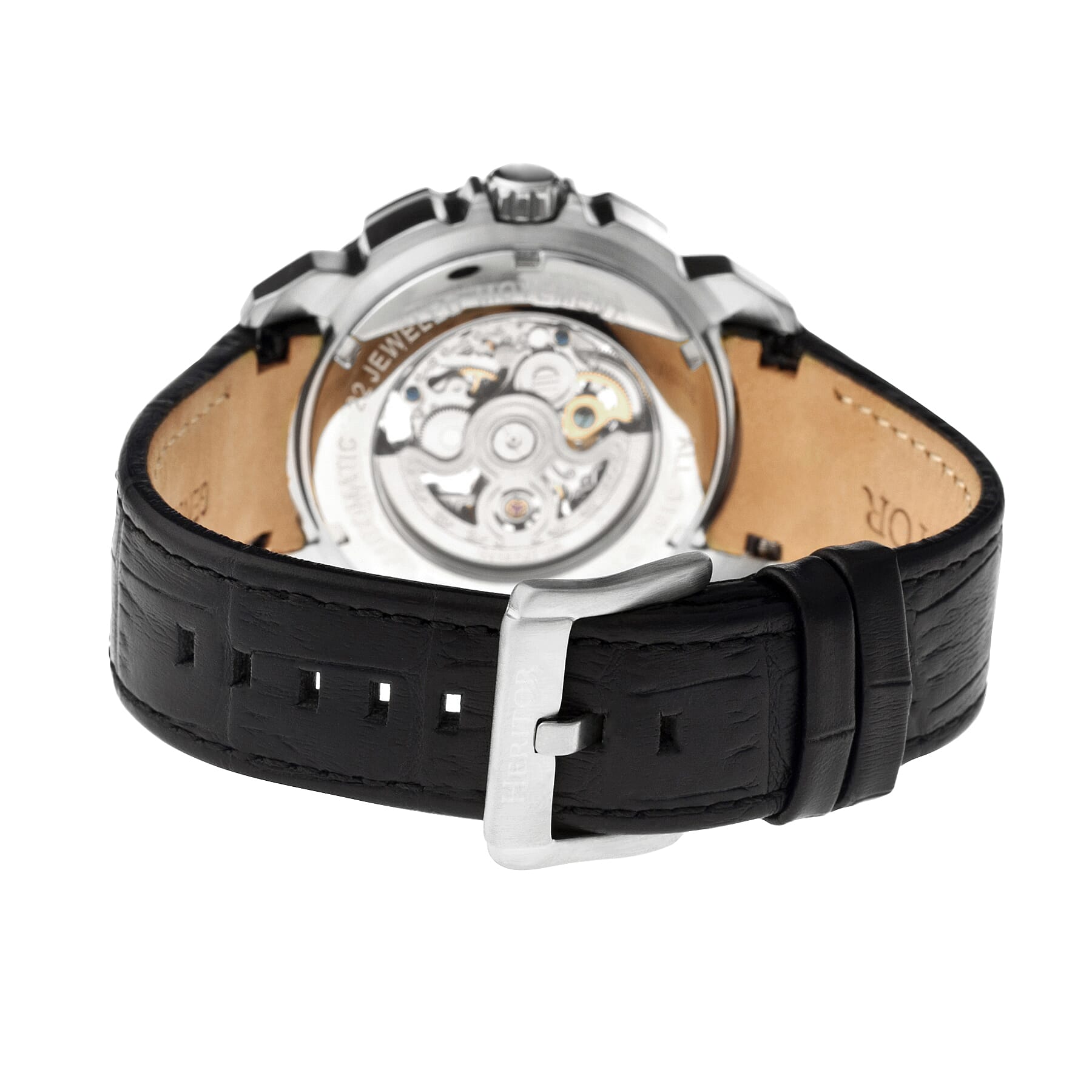 Mens Conrad Heritor Automatic  Watch with a Black Dial and a Black coloured Leather band, featuring a  Gold coloured Stainless Steel case with 5 ATM water resistance