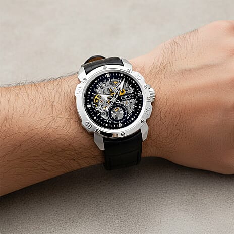 Mens Conrad Heritor Automatic  Watch with a Black Dial and a Black coloured Leather band, featuring a  Gold coloured Stainless Steel case with 5 ATM water resistance