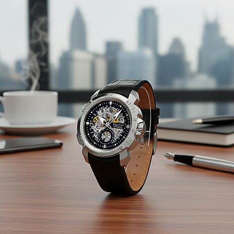 Mens Conrad Heritor Automatic  Watch with a Black Dial and a Black coloured Leather band, featuring a  Gold coloured Stainless Steel case with 5 ATM water resistance