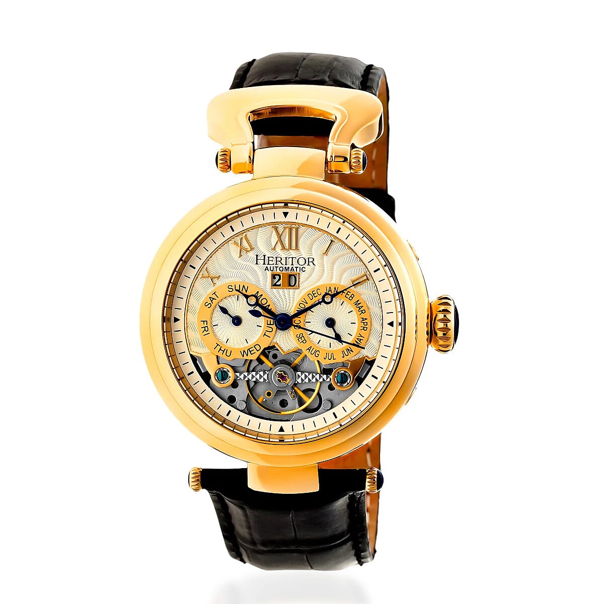 Mens Ganzi Heritor Automatic  Watch with a Gold Dial and a Black coloured Leather band, featuring a  Gold coloured Stainless Steel case with 5 ATM water resistance