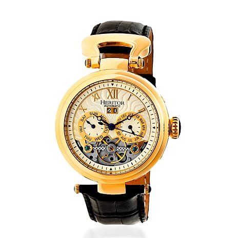 Mens Ganzi Heritor Automatic  Watch with a Gold Dial and a Black coloured Leather band, featuring a  Gold coloured Stainless Steel case with 5 ATM water resistance